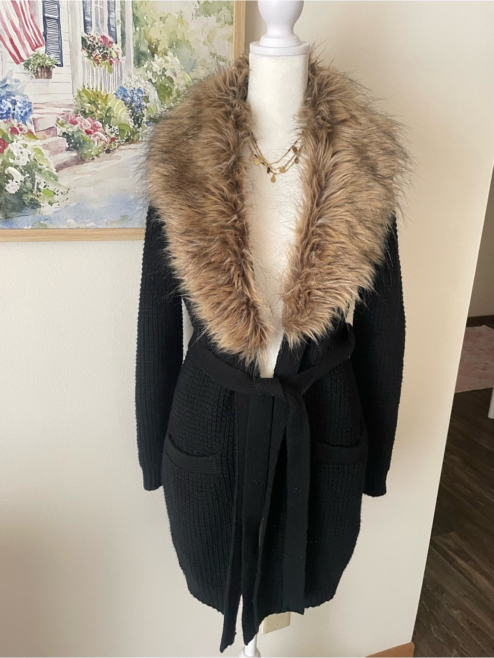 Ralph Lauren Vintage Faux Fur Collar Belted Duster Cardigan Sweater Black Small